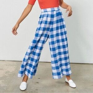 Blue and White Checkered Wide-Leg Pants